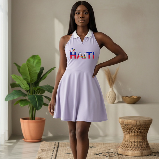 Women’s Collared Halter A-Line Tennis Dress Featuring the Haiti Flag Design