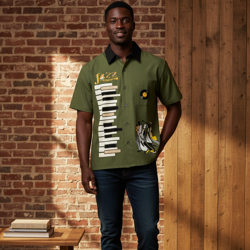 Piano-Inspired Graphic Unisex Short-Sleeve Color-Block Shirt Featuring Jazz Music
