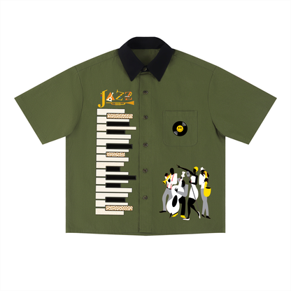 Piano-Inspired Graphic Unisex Short-Sleeve Color-Block Shirt Featuring Jazz Music