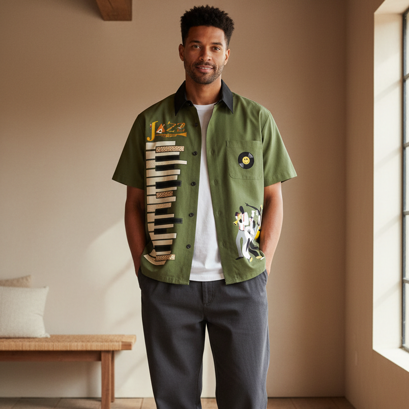 Piano-Inspired Graphic Unisex Short-Sleeve Color-Block Shirt Featuring Jazz Music