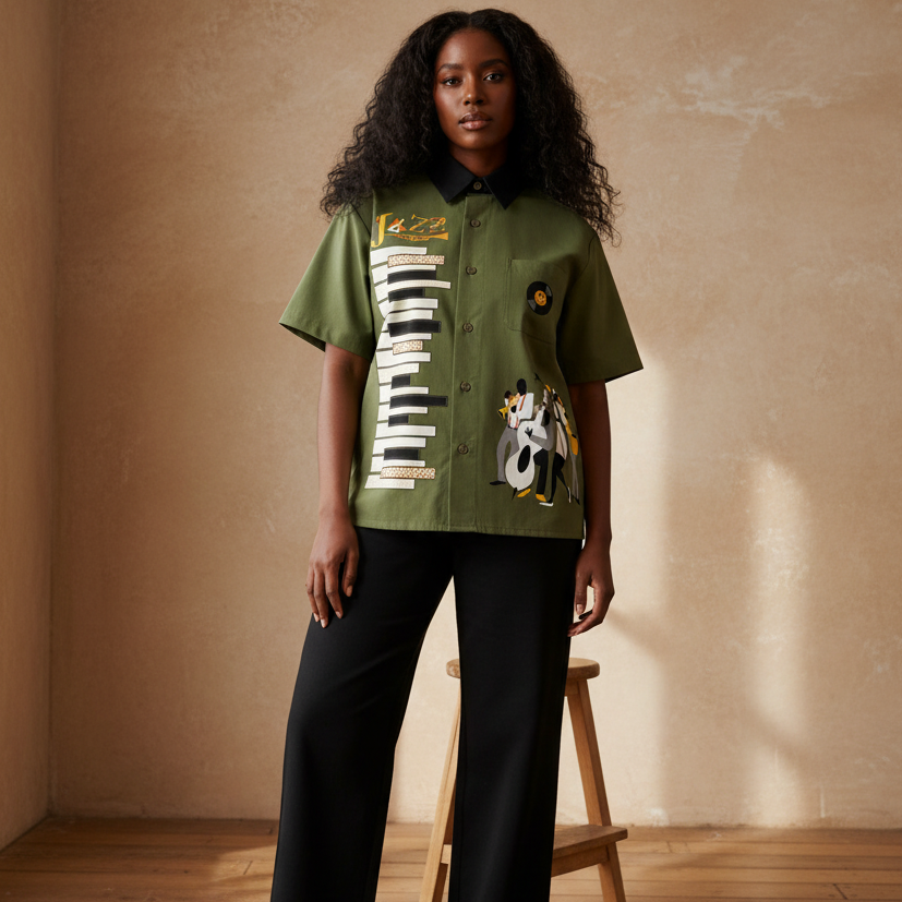 Piano-Inspired Graphic Unisex Short-Sleeve Color-Block Shirt Featuring Jazz Music
