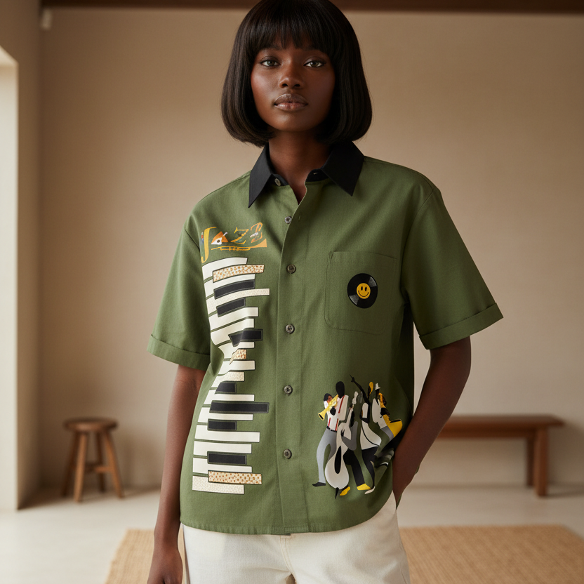 Piano-Inspired Graphic Unisex Short-Sleeve Color-Block Shirt Featuring Jazz Music