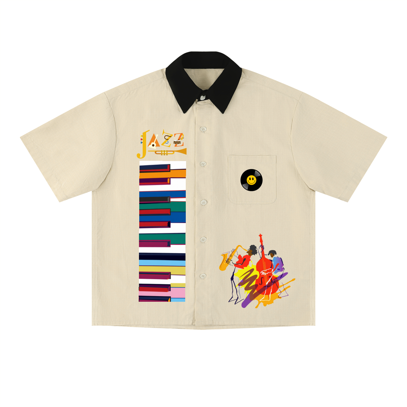 Colorful Piano Keys and Jazz Music Themed Unisex Color Block Short Sleeve Shirt