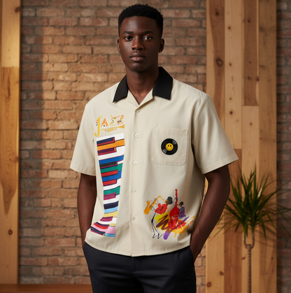 Colorful Piano Keys and Jazz Music Themed Unisex Color Block Short Sleeve Shirt
