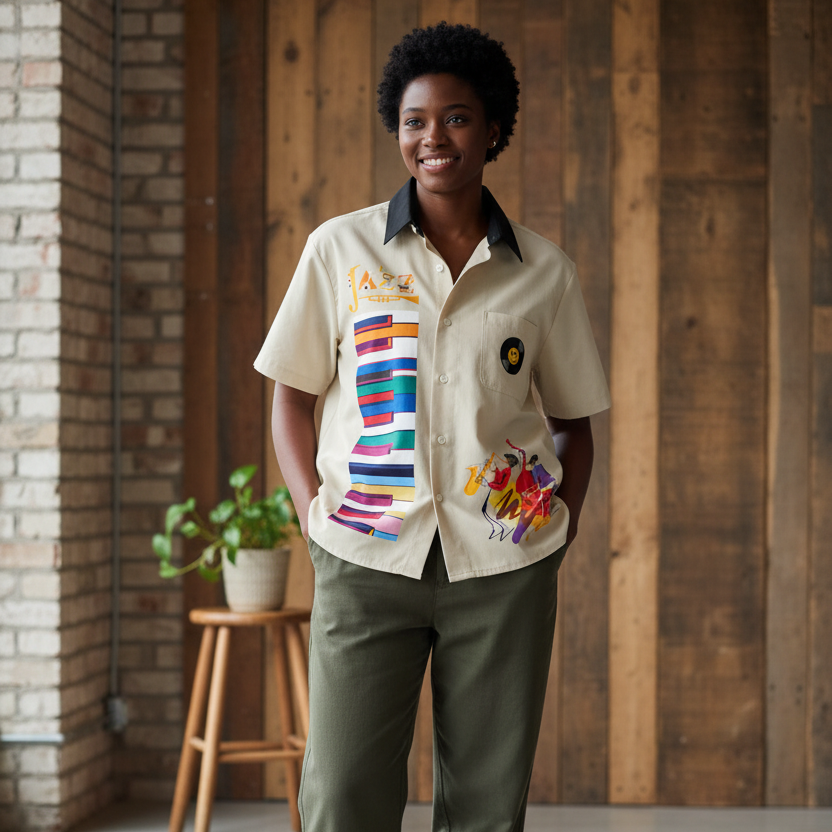 Colorful Piano Keys and Jazz Music Themed Unisex Color Block Short Sleeve Shirt