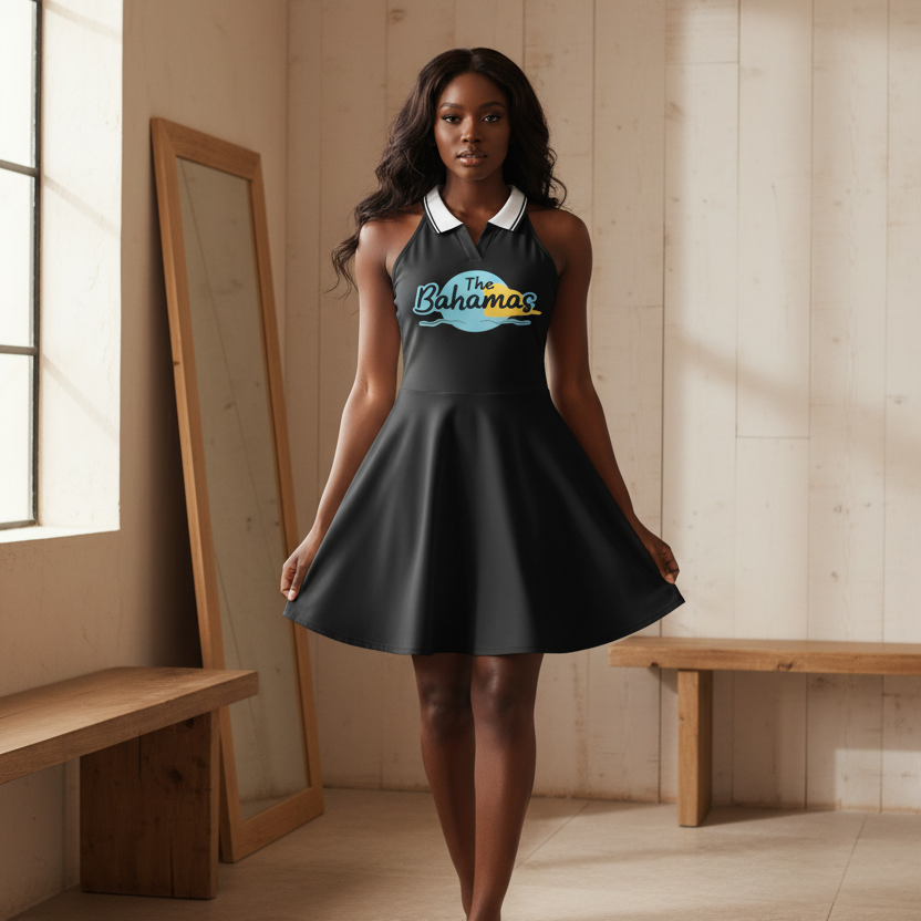 Bahamas Flag Themed Women's Collared Halter A-Line Tennis Dress