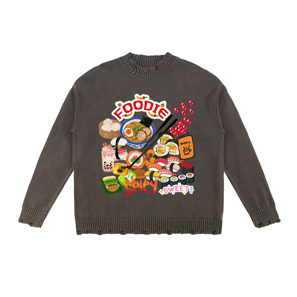 Foodie Themed Graphic Vintage Washed Hand-Frayed Sweater