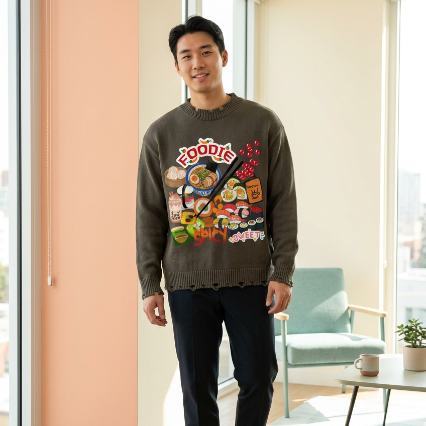 Foodie Themed Graphic Vintage Washed Hand-Frayed Sweater