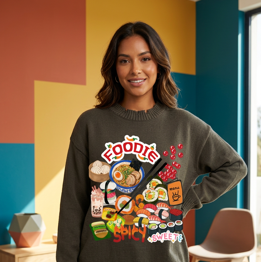 Foodie Themed Graphic Vintage Washed Hand-Frayed Sweater
