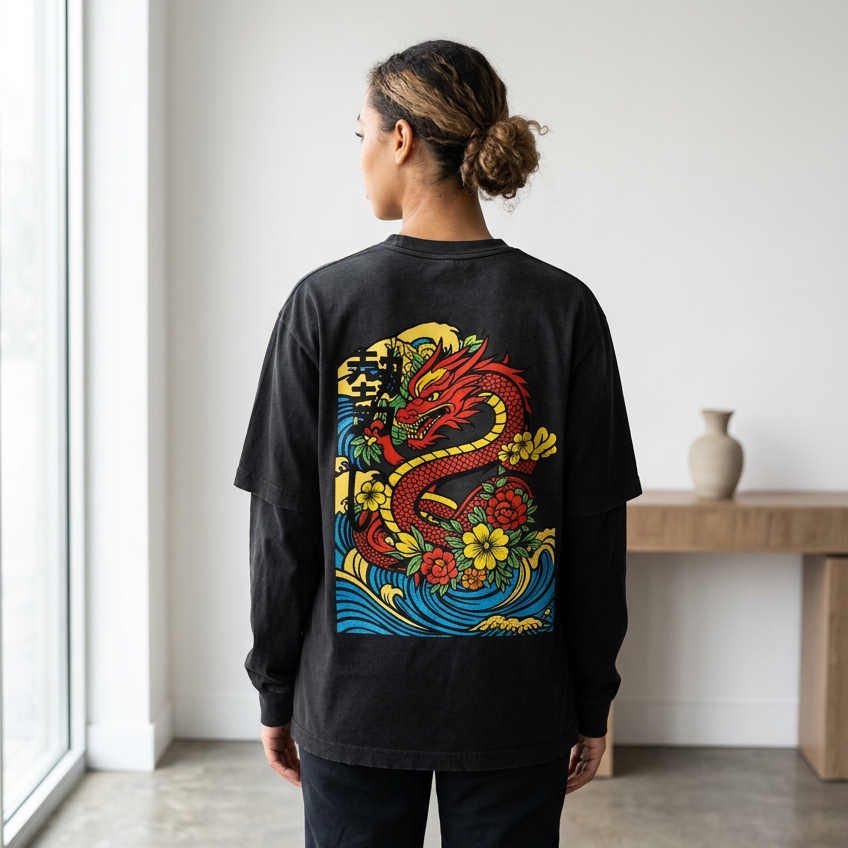 Graphic Dragon Art Sunfade Hand-Frayed Faux Two-Piece Unisex T-Shirt