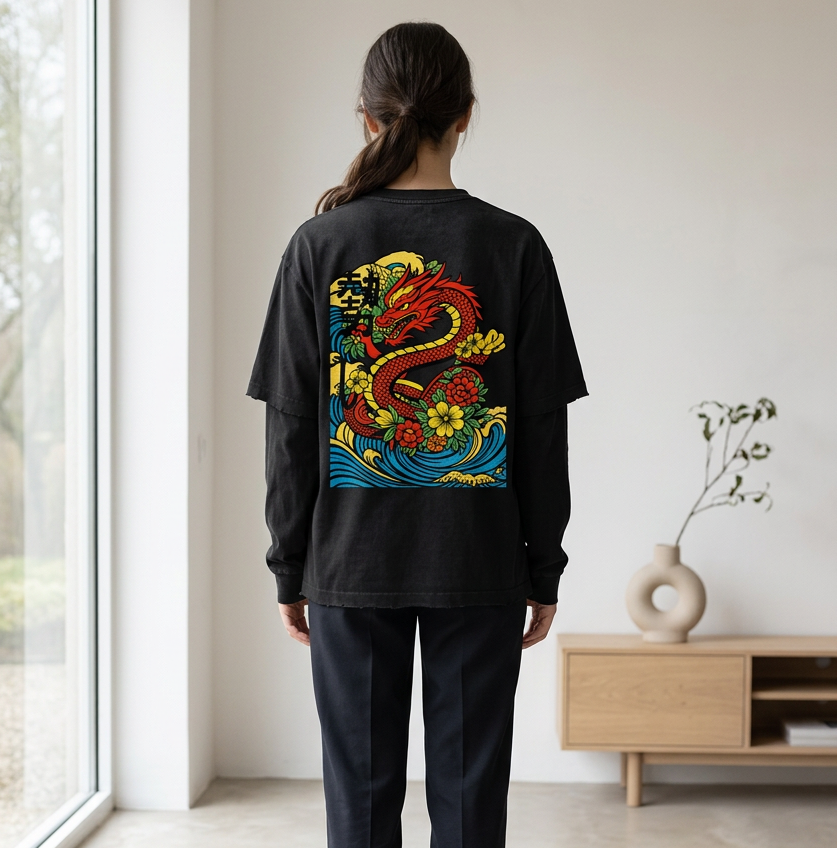Graphic Dragon Art Sunfade Hand-Frayed Faux Two-Piece Unisex T-Shirt