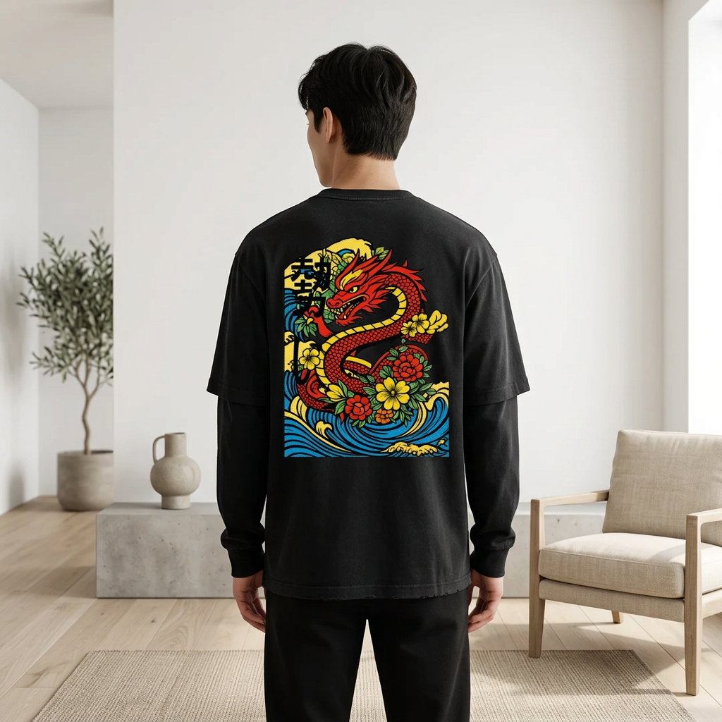 Graphic Dragon Art Sunfade Hand-Frayed Faux Two-Piece Unisex T-Shirt