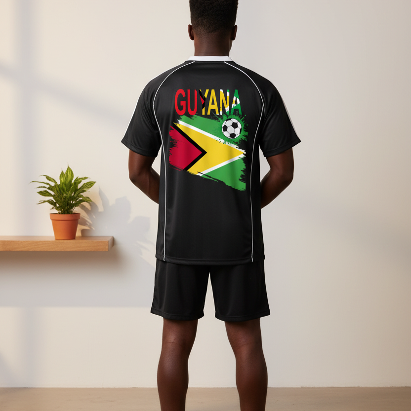 Guyana Flag Themed Unisex Graphic Shadow Stripe Collared Soccer Jersey