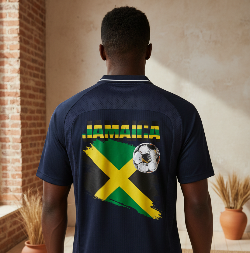 Jamaican Pride, Flag Themed Graphic V-Neck Collared  Unisex Soccer Jersey