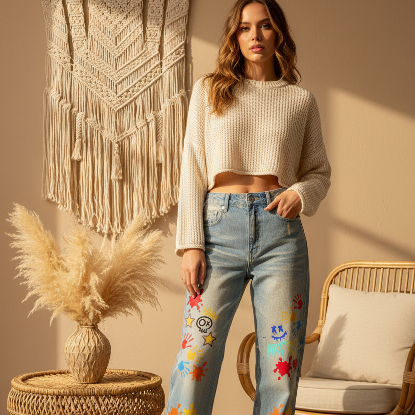Color Splat Print Graphic Unisex Sun Fade Raw Hem Denim Jeans