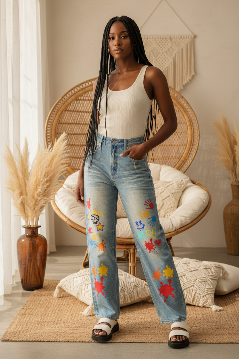 Color Splat Print Graphic Unisex Sun Fade Raw Hem Denim Jeans