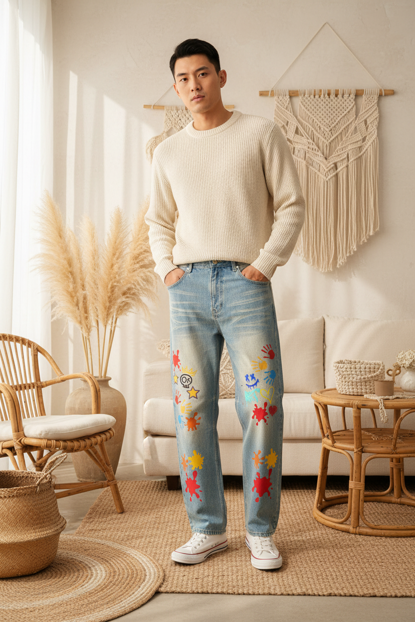 Color Splat Print Graphic Unisex Sun Fade Raw Hem Denim Jeans