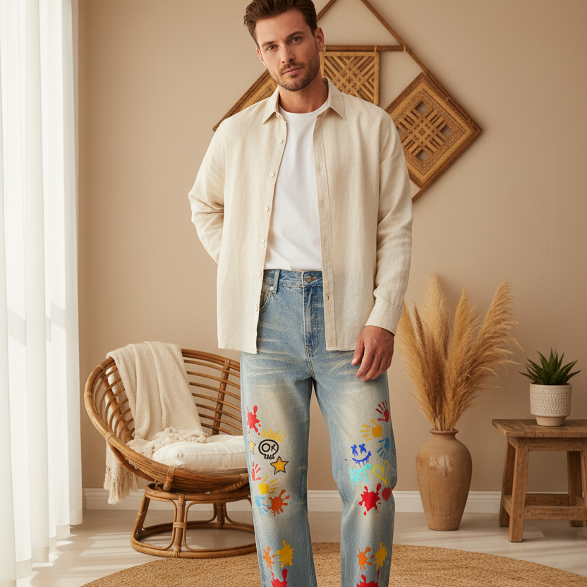 Color Splat Print Graphic Unisex Sun Fade Raw Hem Denim Jeans