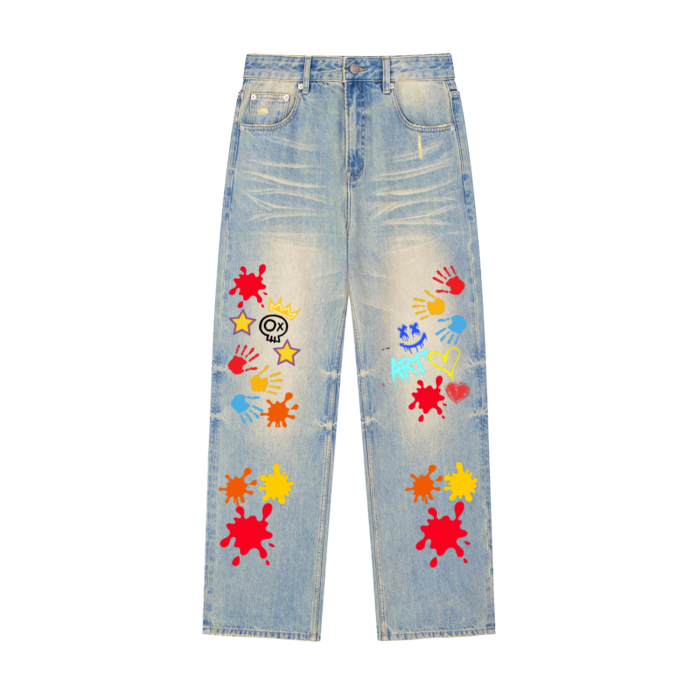 Color Splat Print Graphic Unisex Sun Fade Raw Hem Denim Jeans