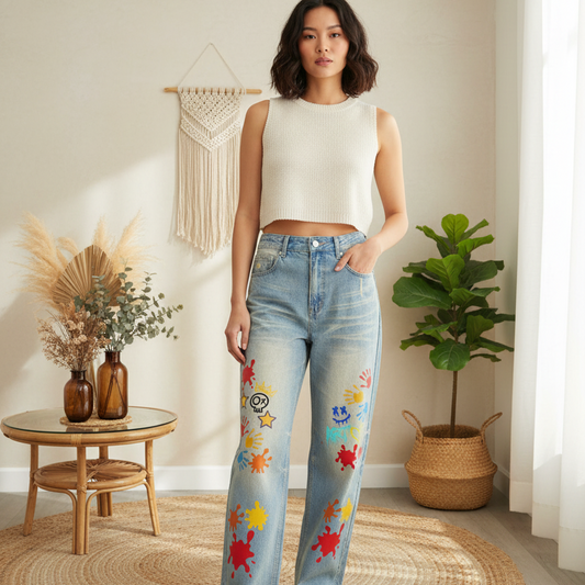 Color Splat Print Graphic Unisex Sun Fade Raw Hem Denim Jeans