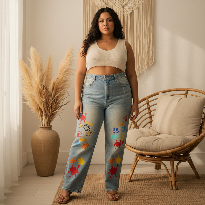 Color Splat Print Graphic Unisex Sun Fade Raw Hem Denim Jeans