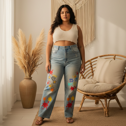 Color Splat Print Graphic Unisex Sun Fade Raw Hem Denim Jeans