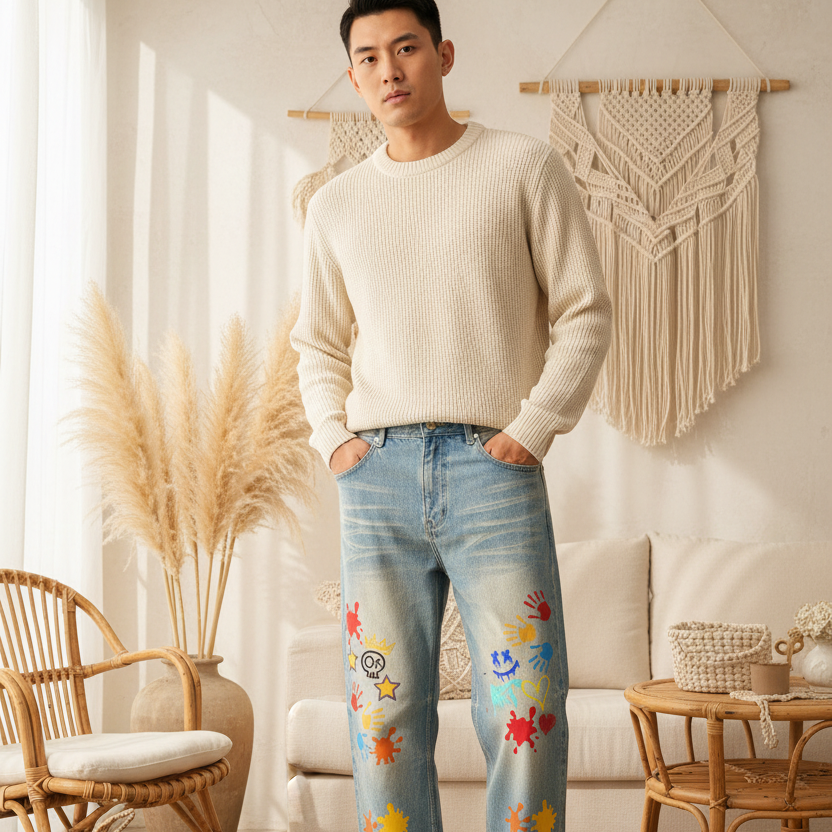 Color Splat Print Graphic Unisex Sun Fade Raw Hem Denim Jeans