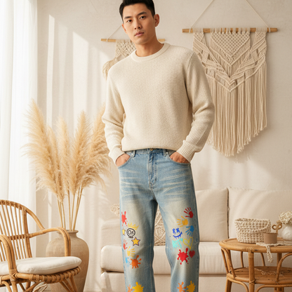 Color Splat Print Graphic Unisex Sun Fade Raw Hem Denim Jeans