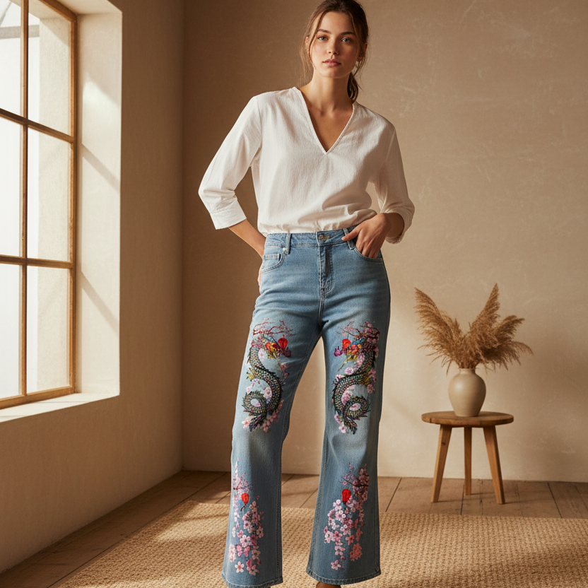 Floral Dragon Print Graphic Women's Vintage Wash Flared Leg Jeans