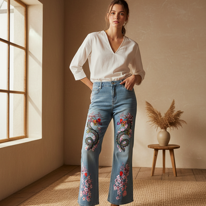 Floral Dragon Print Graphic Women's Vintage Wash Flared Leg Jeans