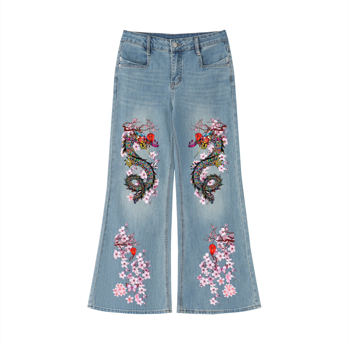 Floral Dragon Print Graphic Women's Vintage Wash Flared Leg Jeans