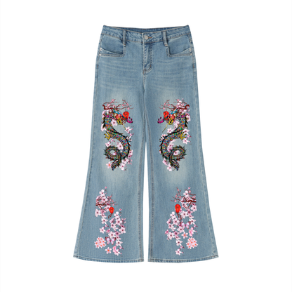 Floral Dragon Print Graphic Women's Vintage Wash Flared Leg Jeans