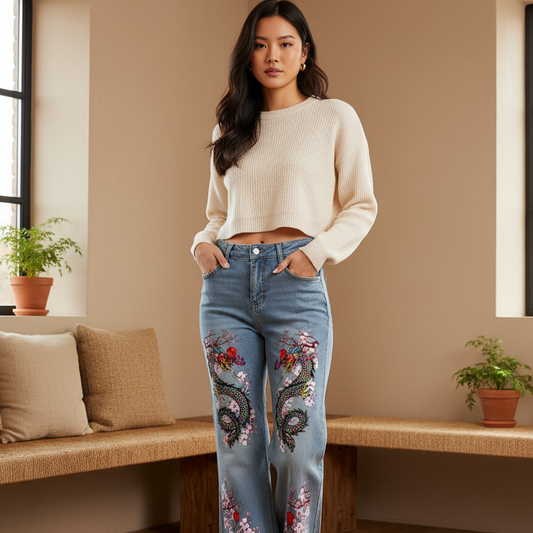 Floral Dragon Print Graphic Women's Vintage Wash Flared Leg Jeans