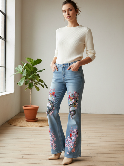 Floral Dragon Print Graphic Women's Vintage Wash Flared Leg Jeans