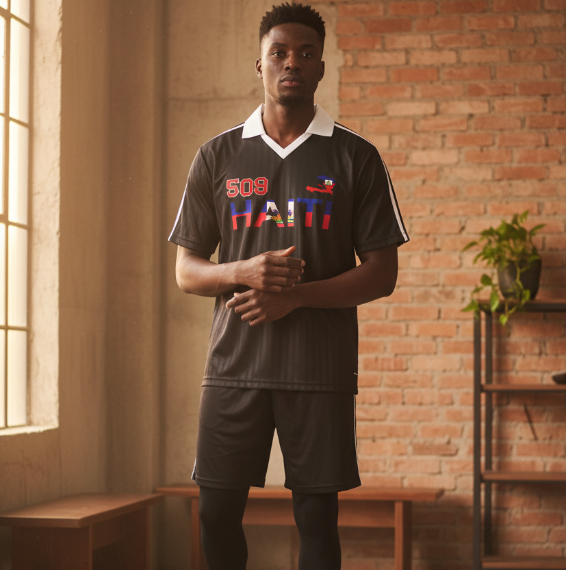 Haiti Flag-Inspired Unisex Soccer Jersey Featuring a Contrast Collar and Striped Design