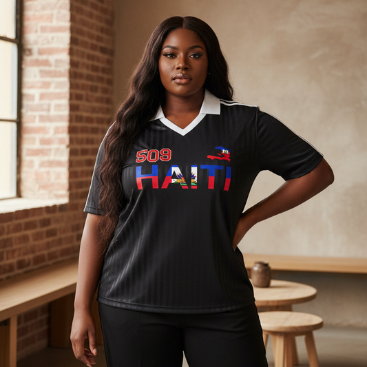 Haiti Flag-Inspired Unisex Soccer Jersey Featuring a Contrast Collar and Striped Design