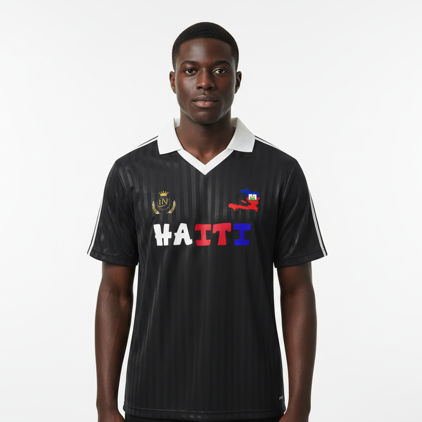 Haiti Flag Themed Graphic Contrast Collar Striped Soccer Jersey