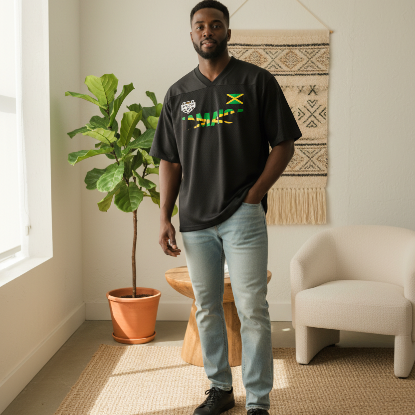 Jamaican Flag Themed Graphic Mesh V-Neck Soccer Jersey
