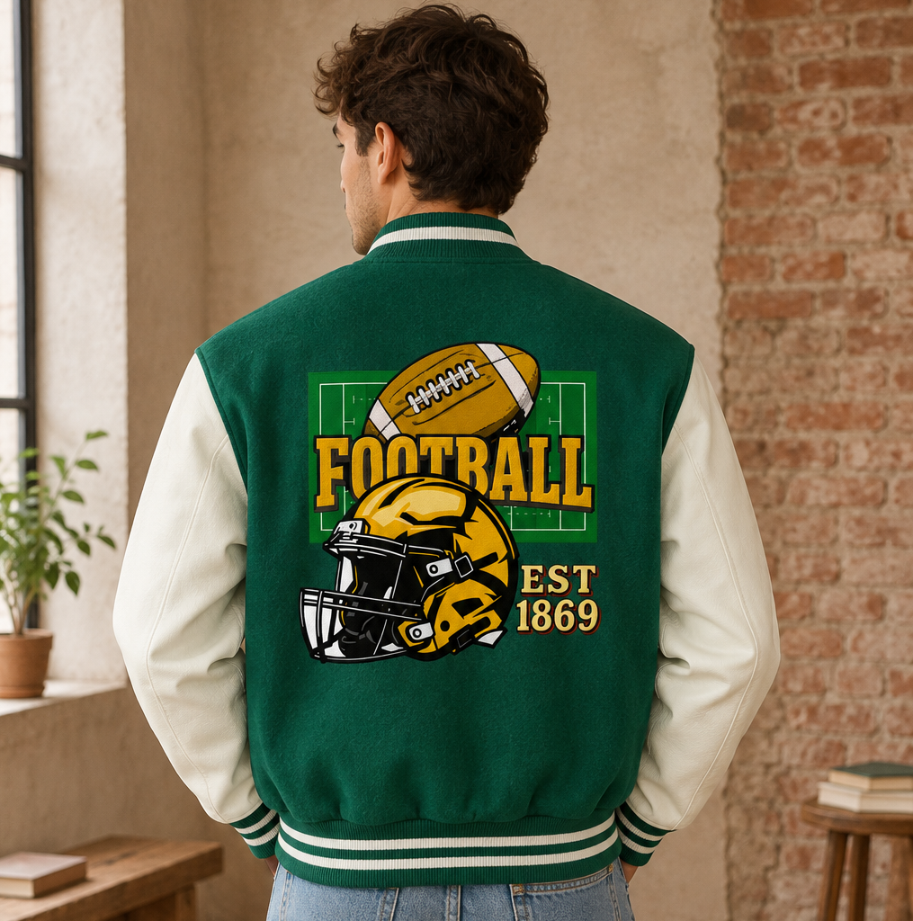 Graphic Unisex Football Themed Two-Tone Fleeced Varsity Jacket