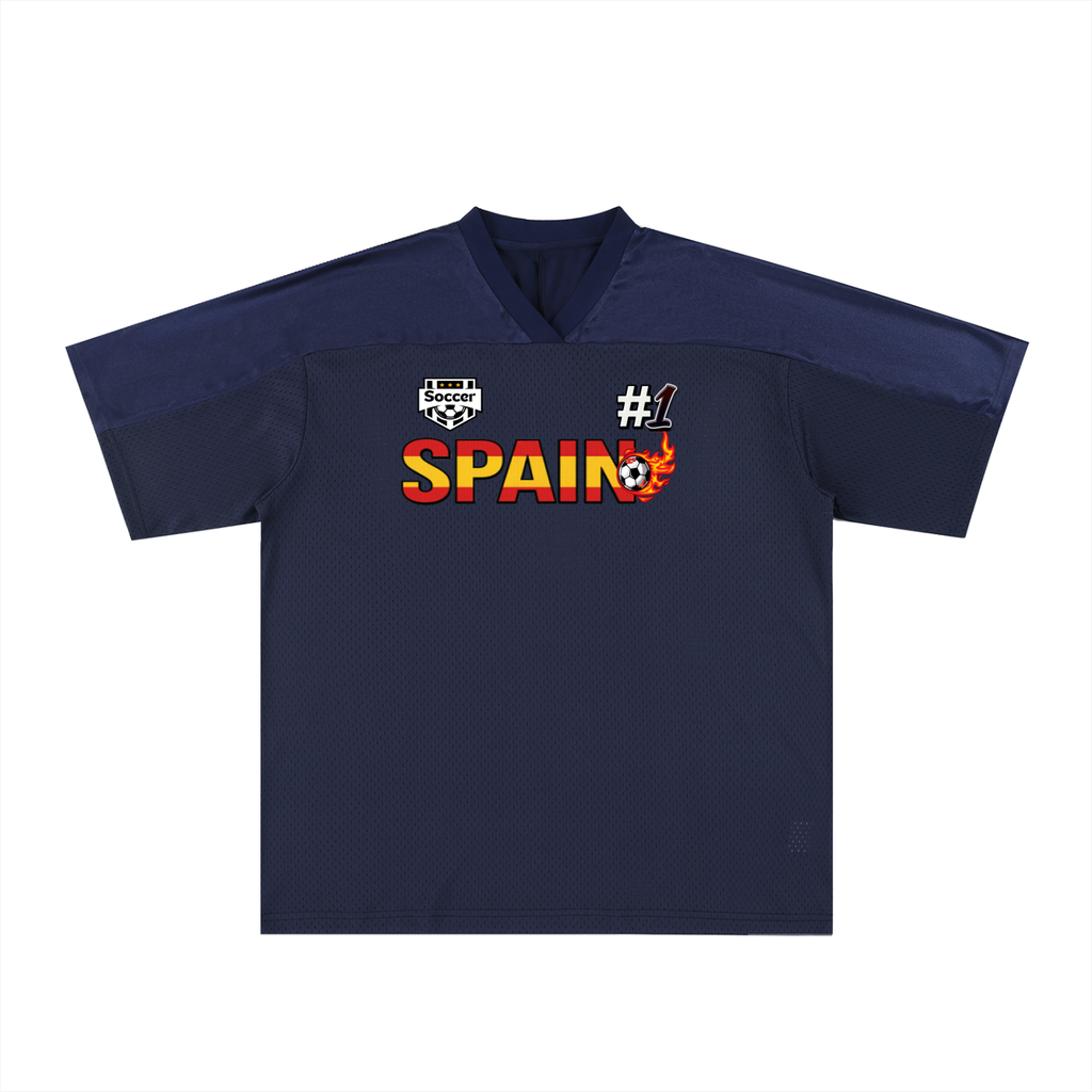 Spain Flag-Inspired Graphic Mesh V-Neck Soccer Jersey ODMPOD