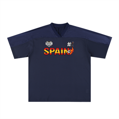 Spain Flag Themed Graphic Mesh V-Neck Soccer Jersey