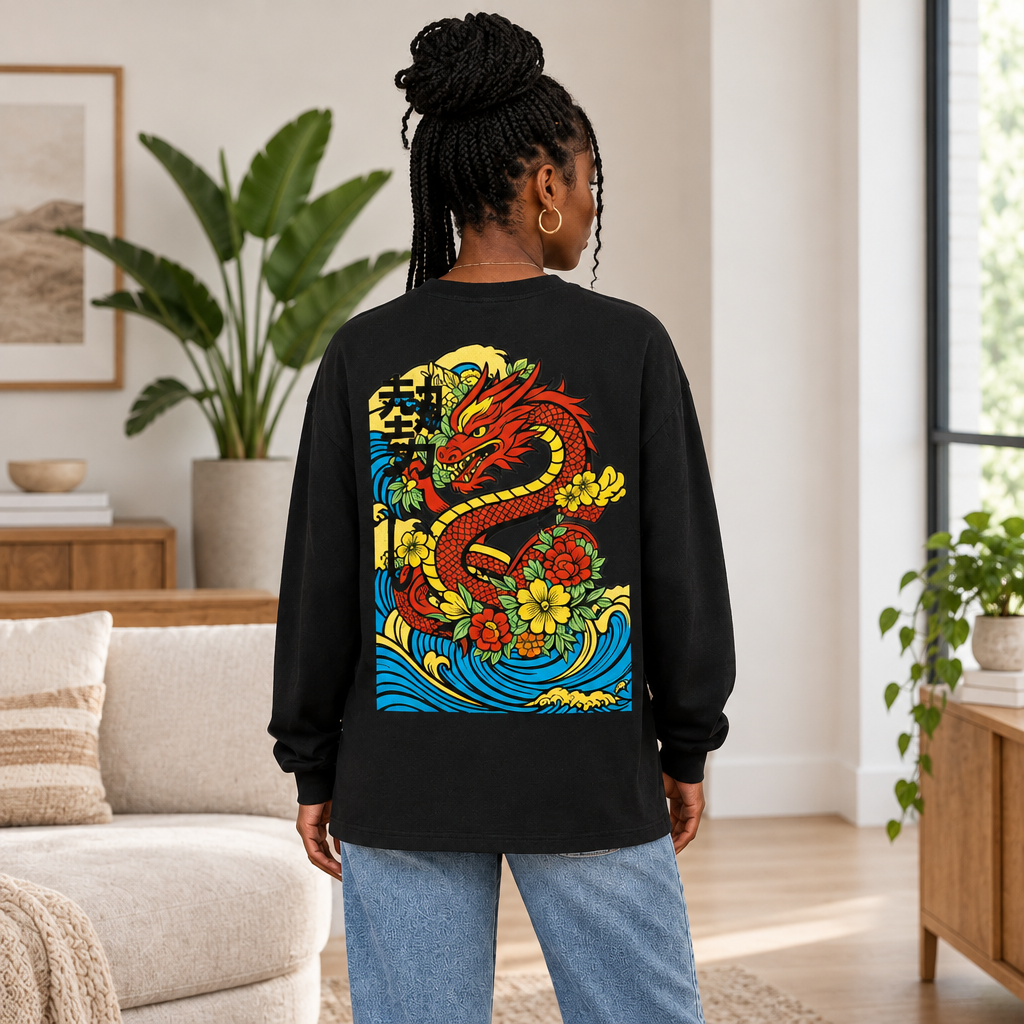 Colorful Dragon Themed Oversized Unisex Long Sleeve UnisexT-Shirt