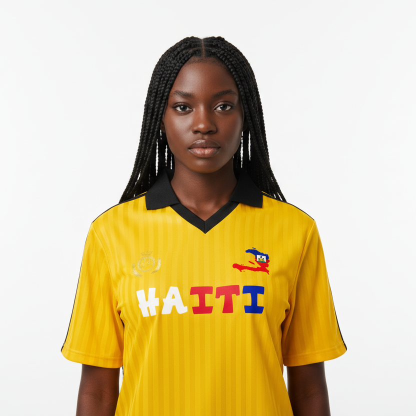 Haiti Flag Themed Graphic Contrast Collar Striped Soccer Jersey