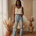 Unisex 1990s-Themed  Graphic Denim Jeans,  Sun-faded Finish and Raw-edge Hems