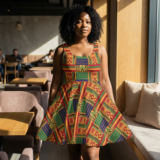 Kente Print Skater Dress – Vibrant African-Inspired AOP Sundress