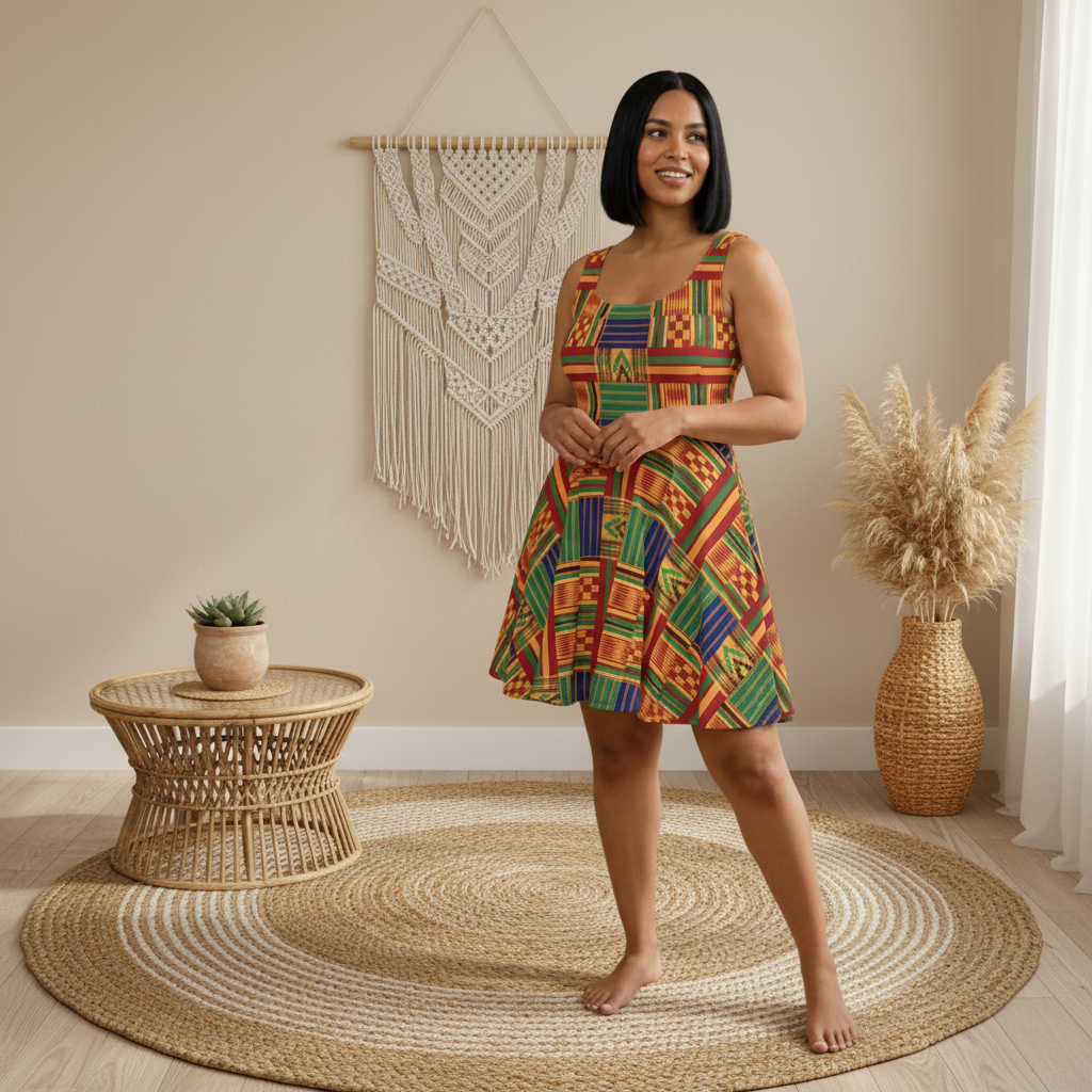 Kente Print Skater Dress – Vibrant African-Inspired AOP Sundress