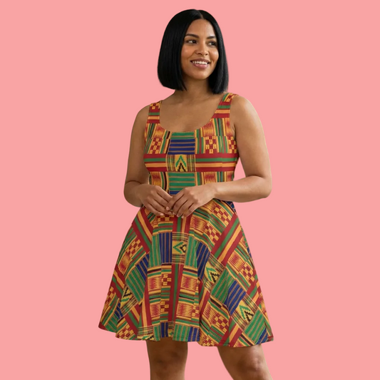 Kente Print Skater Dress – Vibrant African-Inspired AOP Sundress