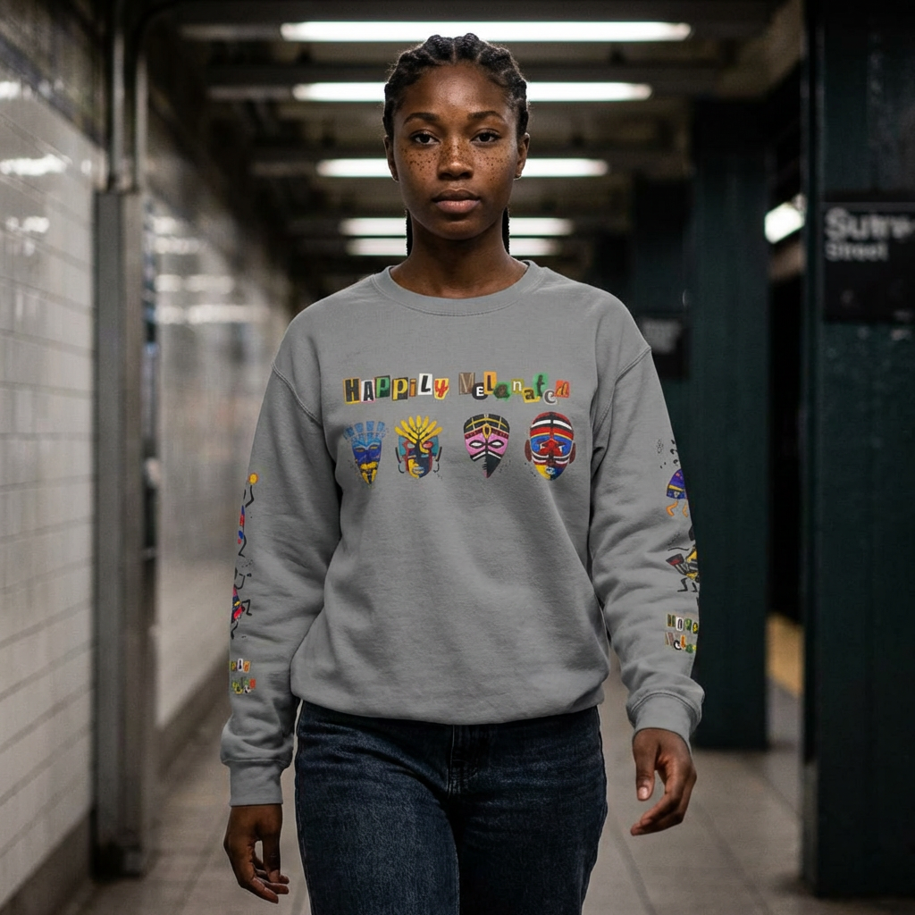 Handcrafted Afro Music Cartoon Graphic Unisex Lightweight Crewneck Sweatshirt