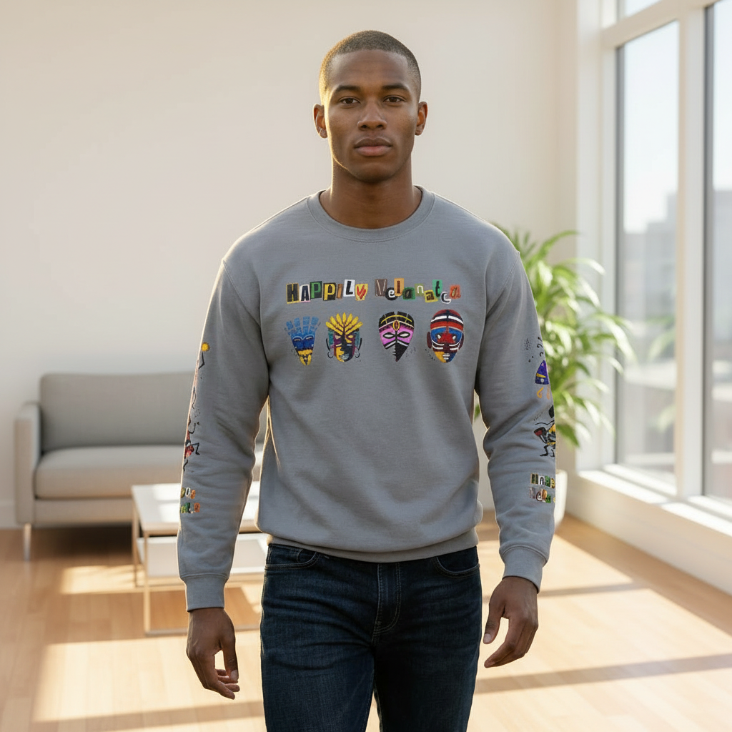 Handcrafted Afro Music Cartoon Graphic Unisex Lightweight Crewneck Sweatshirt Printify