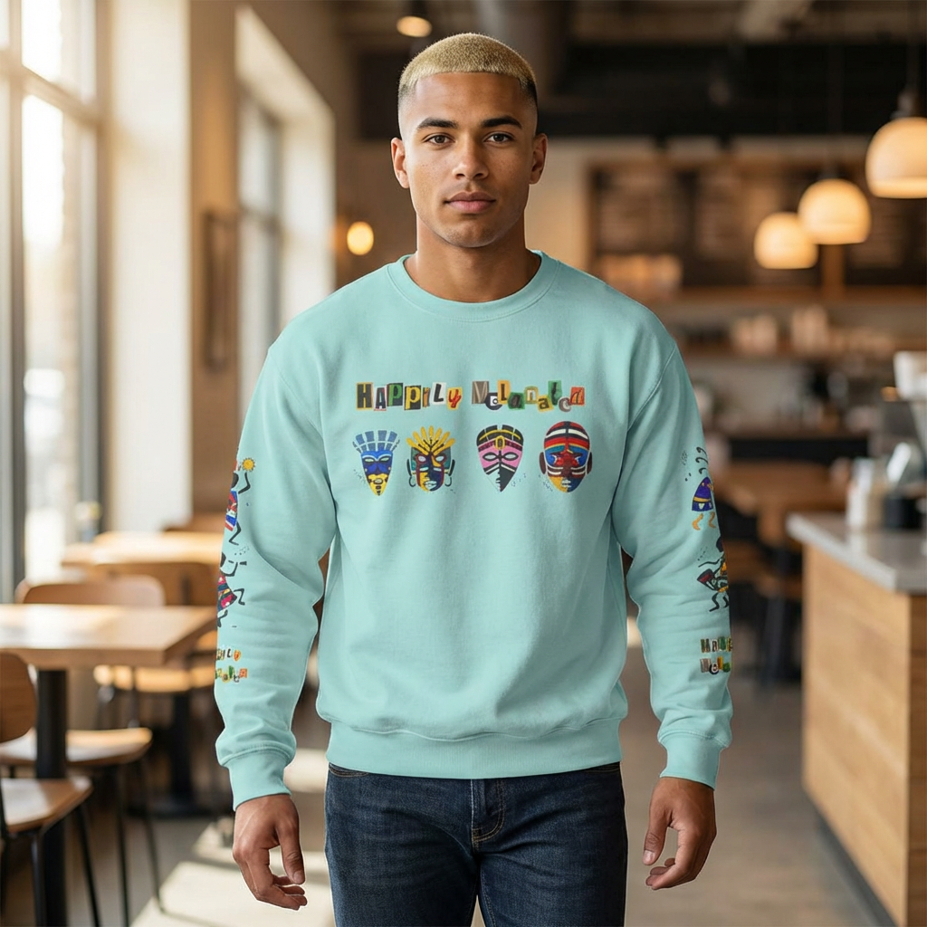 Handcrafted Afro Music Cartoon Graphic Unisex Lightweight Crewneck Sweatshirt Printify